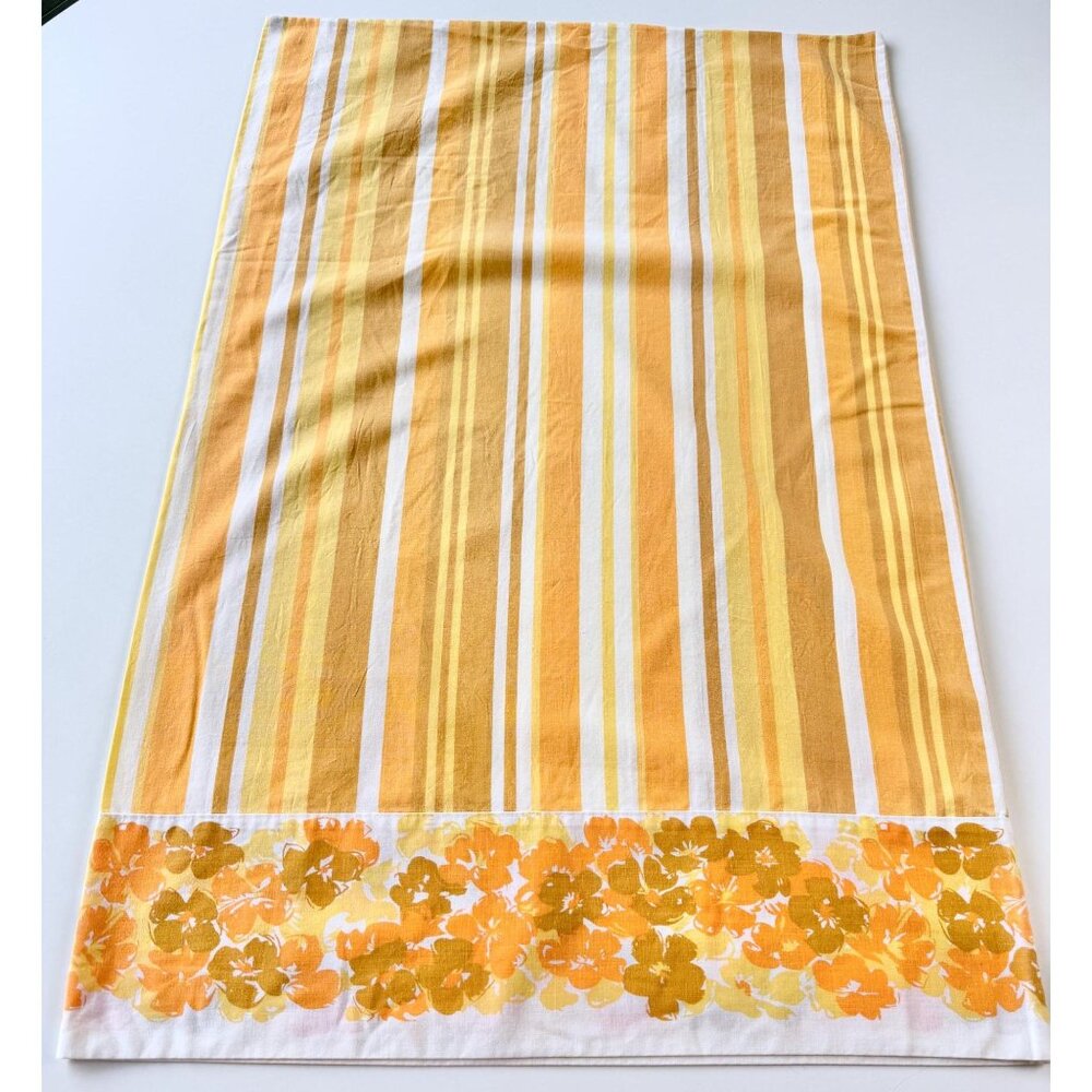 Vintage 1970s pillowcase, orange,  floral, striped, crazy daisies, single casing